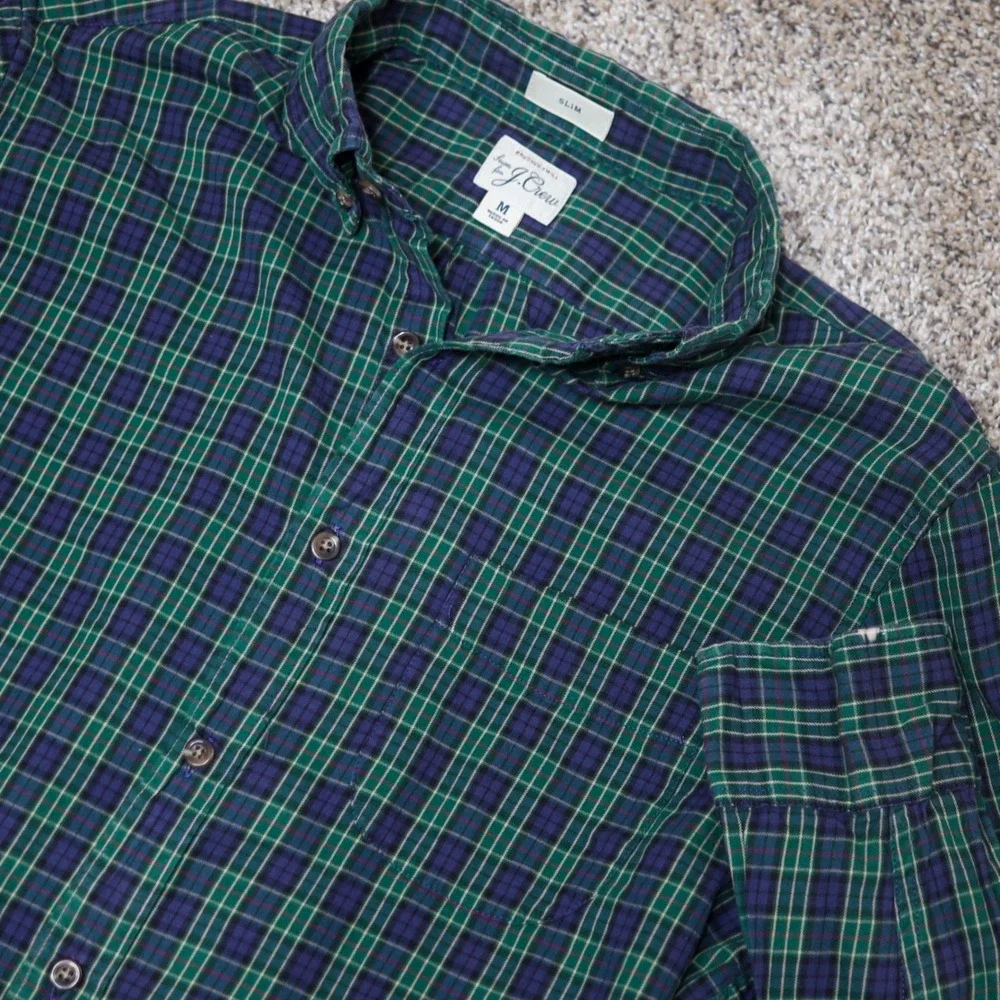 J. Crew Mens Slim Fit‎ Brushed Twill Plaid Button Down Shirt Size M Green Navy